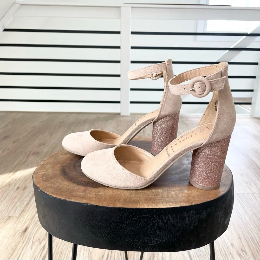 6.5 7 7.5 8 8.5 9 9.5 10 NWT Lauren Conrad gold tan beige cream chunky heels - Picture 6 of 8